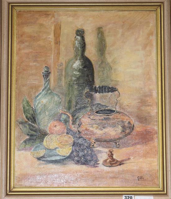 Gilli Still life- a copper kettle, with bottles and fruit 20 x 16in.